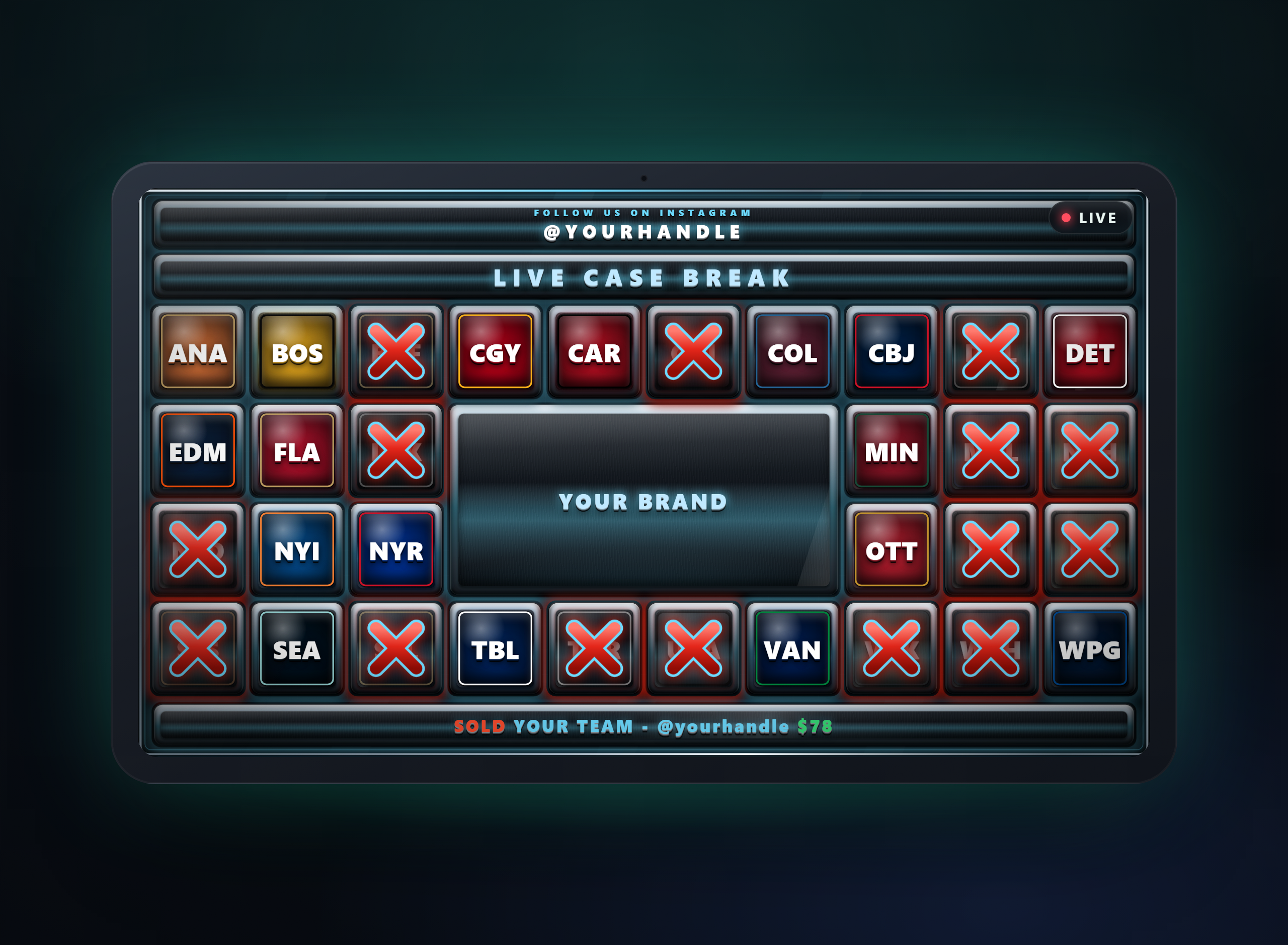 A tablet running BreakCast OS showing a live break board mid-break: team tiles arranged around a central brand window, sold tiles marked with red Xs, a LIVE badge, and a sold-price ticker along the bottom.